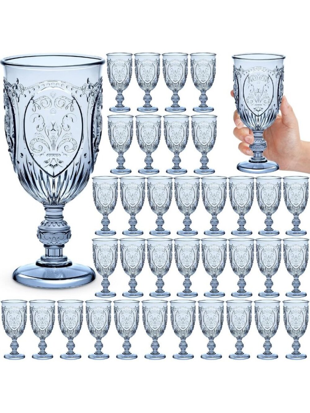 Vintage Plastic Wine Glass Goblets 10oz - Blue, Set of 36, Perfect for Parties